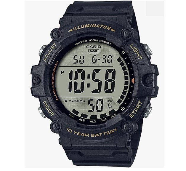 Casio Illuminator Extra Long Strap 10-Year Battery 100 M Water Resistant 5-Alarm w/Countdown Timer Men's Digital Watch, Black, AE-1500WHX-1AVCF