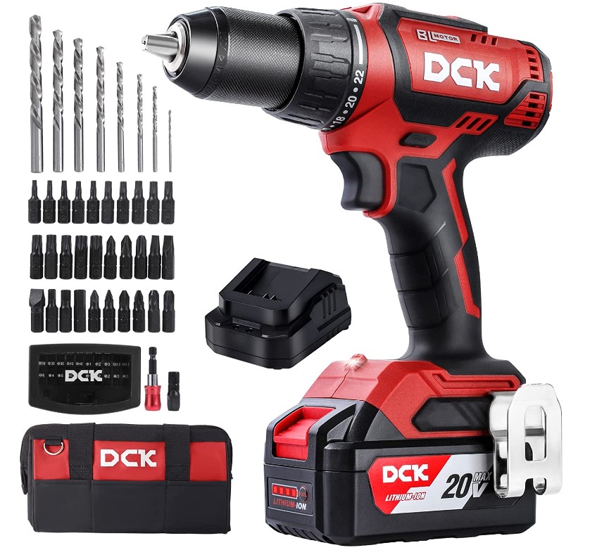DCK Brushless Cordless Drill Set, 20V Electric Drill with 4.0Ah Battery and Charger, 1/2-Inch Keyless All-Metal Chuck, 2 Variable Speeds, Power Drill Kit for Screw Wood/Ceramic/Tile/Steel (KDJZ04-13)
