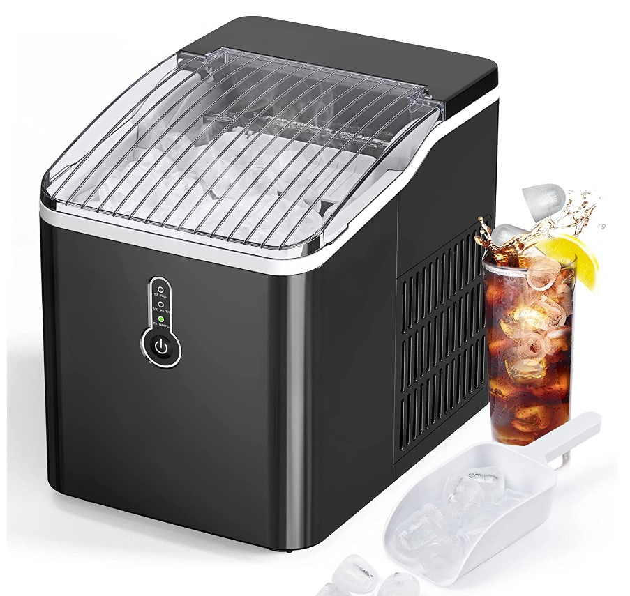 FREE VILLAGE Ice Maker Countertop, Portable Ice Maker with Self-Cleaning, 26 lb/24h, 9 Cubes in 6-8 Mins, Bullet Shape, Compact Ice Cube Maker with Ice Scoop/Basket, for Home/RV/Office/Bar, Black