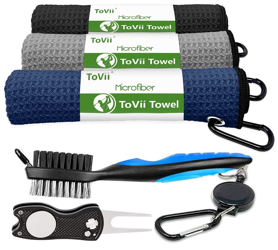 ToVii 超细纤维高尔夫毛巾，三条，带球杆凹槽清洁刷和高尔夫草皮标球工具，现仅售$18.99 （37% off）