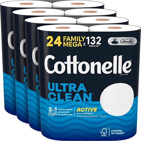 Cottonelle Ultra CleanCare Toilet Paper with Active CleaningRipples, Strong Bio！degradable Bath Tissue, Septic-Safe, 24 Family Mega Rolls, Only $20.69