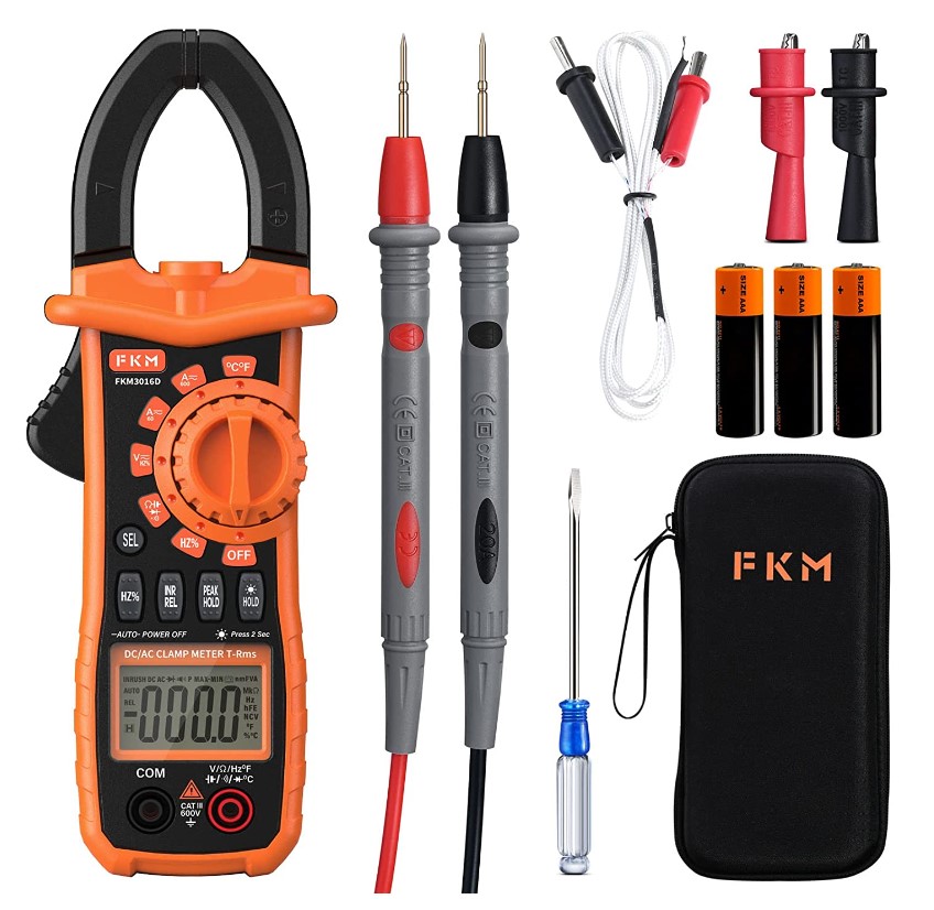 FKM Clamp Meter, Multimeter T-RMS 6000 Counts, AC/DC Current and Voltage Tester Auto-ranging, Measure Current Voltage Temperature Capacitance Resistance Diodes Continuity Duty-Cycle, Backlight & LED