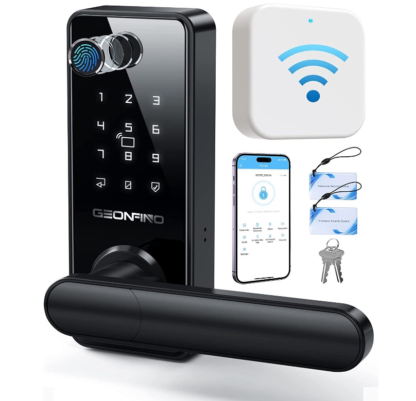 白菜价！GEONFINO Wi-Fi 智能指纹门锁，可用指纹、密码和远程APP等六种方式开锁，带把手，可与 Alexa 配合使用，含 G2 网关，折上折后仅售$74.99免运费