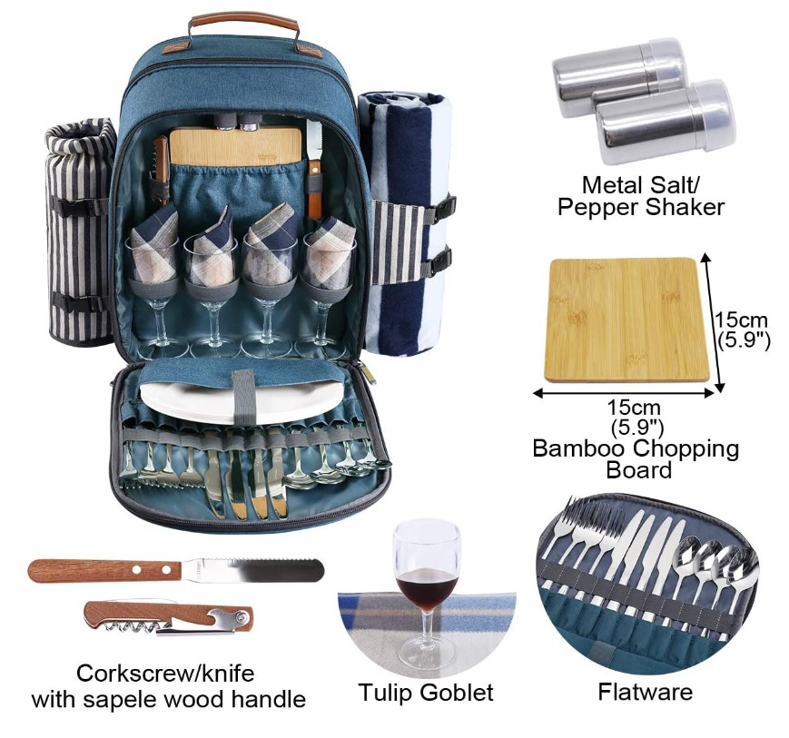 Sunflora 4 人野餐背包套装，让您开启说走就走的旅行，带背包、野餐毯、餐具、彩板等，带保温冷藏袋，现仅售 $79.99（20% off）免运费！