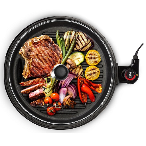 Elite Gourmet EMG6505G Smokeless Indoor Electric BBQ Grill with Glass Lid, Dishwasher Safe, PFOA-Free Nonstick, Adjustable Temperature, Fast Heat Up, Stainless Steel 12