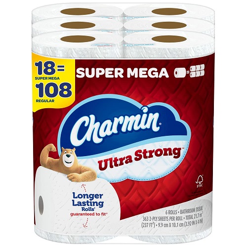 Charmin Ultra Strong Toilet Paper, 18 Super Mega Rolls = 108 Regular Rolls 6 Count (Pack of 3), List Price is $32.99, Now Only $19.89