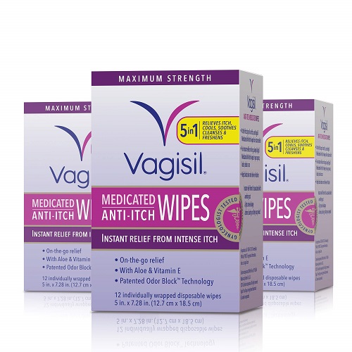Vagisil Anti-Itch Medicated Feminine Intimate Wipes for Women, Maximum Strength, Gynecologist Tested, 12 Count, Pack of 3 (36 wipes total) (Packaging may vary) Aloe Vera Pack of 3,   Only $11.38