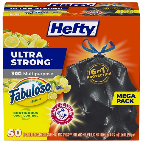 Hefty Ultra Strong Multipurpose Large Trash Bags, Black, Fabuloso Lemon Scent, 30 Gallon, 50ct 50 Count, List Price is $18.59, Now Only $15.10