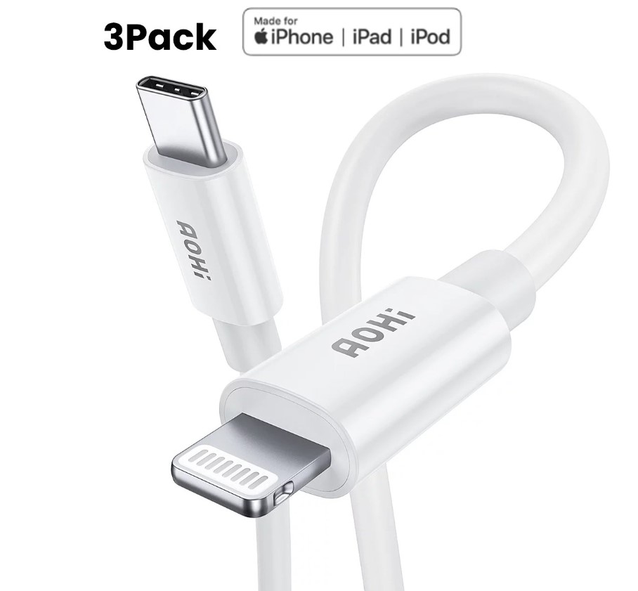 白菜价！AOHI USB C to Lightning 数据线，3 英尺长 3 条装，获Apple MFi 认证，广泛兼容诸多Apple产品，白色，现仅售$9.99