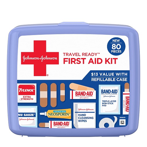 Johnson & Johnson Travel Ready Portable Emergency First Aid Kit for Minor Wound Care with Assorted Adhesive Bandages, Gauze Pads & More, Ideal for Travel, Car & On-The-Go, 80 pc, Only $7.86