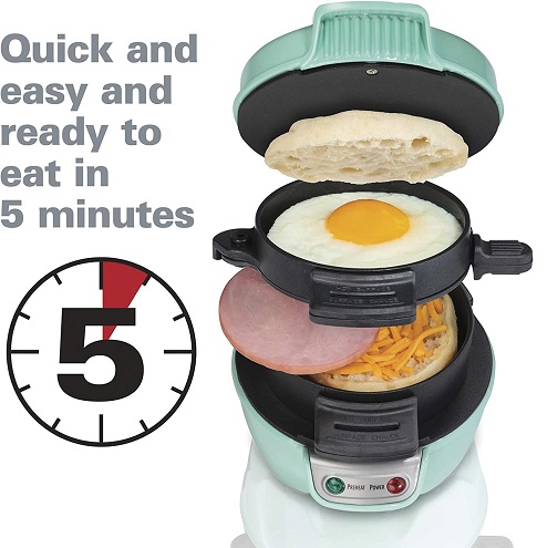 Hamilton Beach Breakfast Sandwich Maker with Egg Cooker Ring, Customize Ingredients, Perfect for English Muffins, Croissants, Mini Waffles, Makes a Great Gift, Mint (25482)  Now Only $15.13