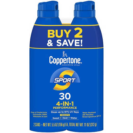 Coppertone SPORT Sunscreen Spray SPF 30, Water Resistant Spray Sunscreen, Broad Spectrum SPF 30 Sunscreen Pack, 5.5 Oz Spray, Pack of 2, only $8.99