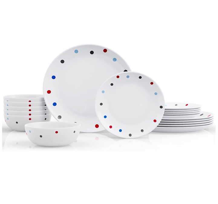 18-Piece Kitchen Dinnerware Set, MEKY Colorful Polka Dots Glassware Plates, Dishes, Bowls, Service for 6, Crack Resistant Dish Set