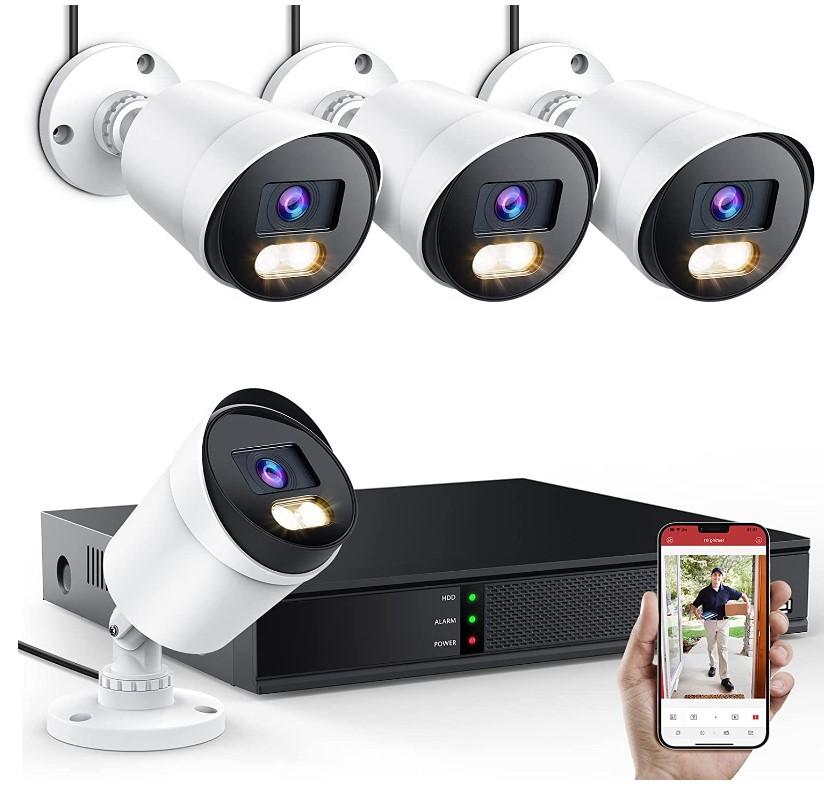 Wired Security Camera System, EZFIX 4pcs 2MP/1080P HD Outdoor Security Camera, Full-Color Night Vision, 8CH DVR CCTV Camera, IP66 Waterproof, Motion Detection, Instant Alert, Remote Access (No HDD)