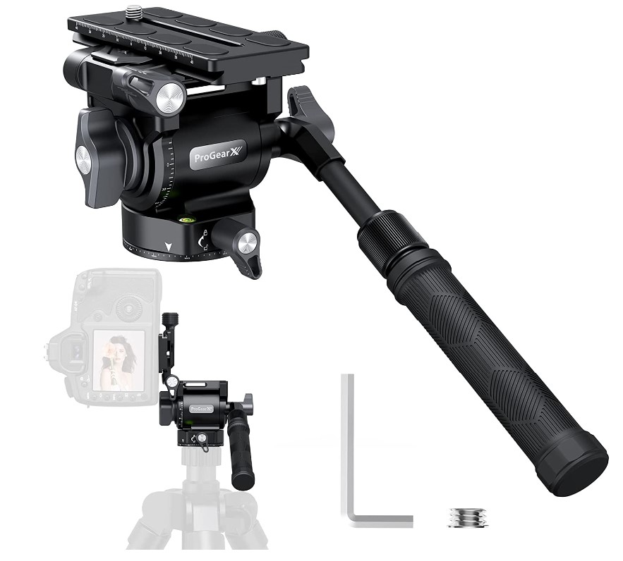 ProGearX Video Tripod Fluid Head, Metal Panorama Head with Scaled Base, Vertical Function, Quick Release Plate, Handle, Fluid Video Head for DSLR Cameras, Camcorder, Spotting Scope, Monopod and Tripod