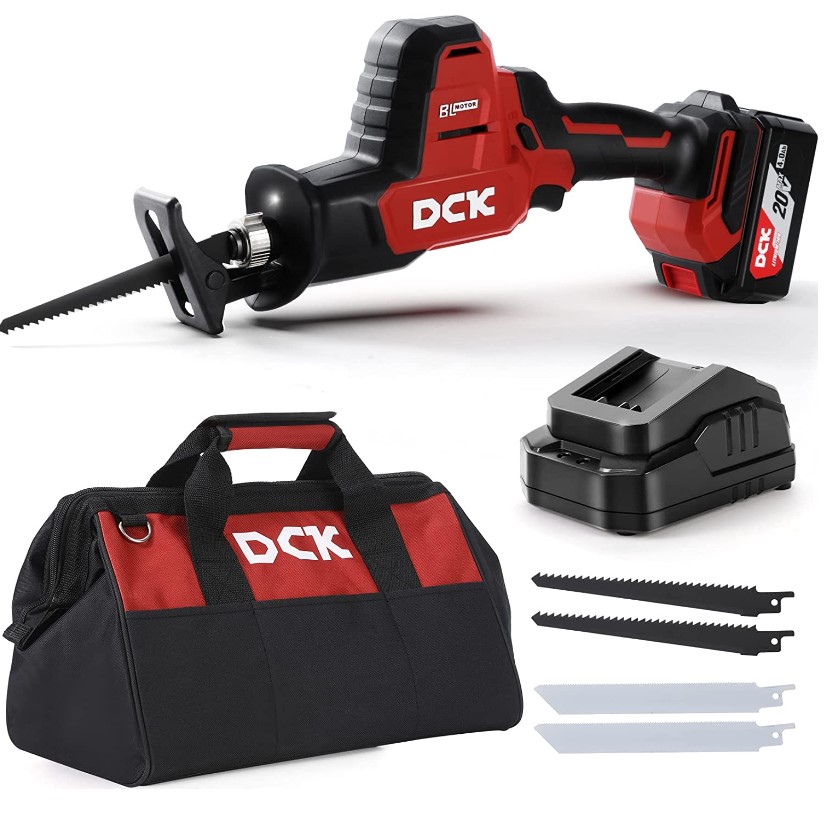 DCK Brushless Reciprocating Saw, 20V Cordless Reciprocating Saw, 0-3000 SPM Variable Speeds, with 4.0Ah Battery & 2A Charger, LED Light, One Hand Saw Kit, 4 Blades Saw for Wood/Metal/PVC (KDJF22)