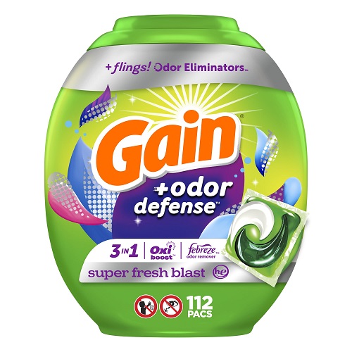 Gain Flings Laundry Detergent Pacs with Odor Defense, Super Fresh HE 3in1 Detergent Pacs with Febreze and Oxi, 112 count Super Fresh Blast 112 Count, List Price is $27.49, Now Only $17.06