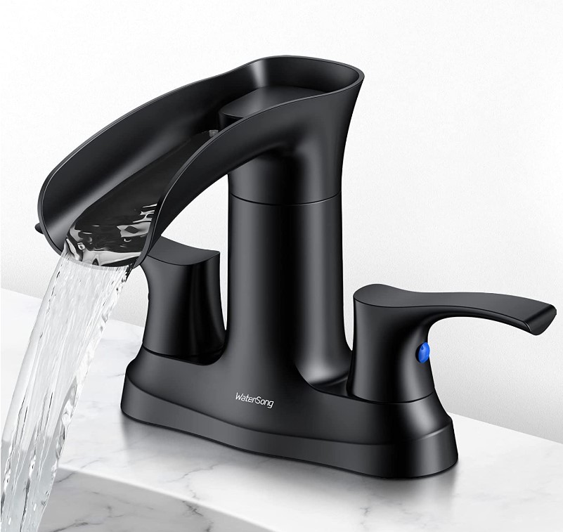 Bathroom Faucet, WaterSong 2-Handle Bathroom Sink Faucet, 360°Rotating Head, Cold/Hot, Wide Waterfall Spout Faucet for 2-Hole and 3-Hole Sink, 4 Inch Centerset Faucet, 100% Lead-Free, Matte Black