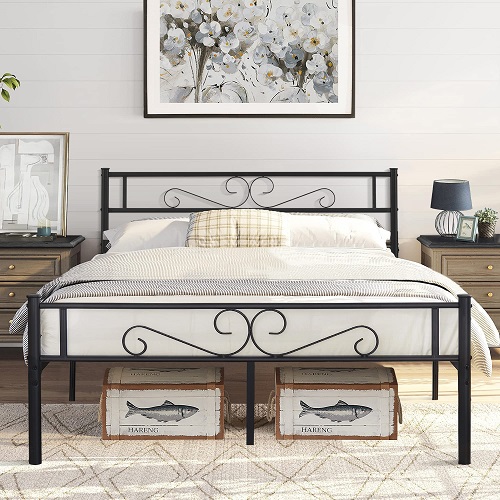 VECELO Metal Platform Bed Frame Mattress Foundation with Vintage Headboard & Footboard, No Box Spring Needed, Easy Assembly, Queen, Black Black Queen Bed Frame,  Only $79