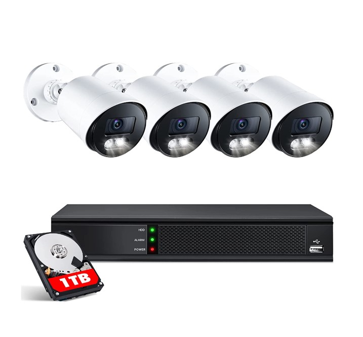 Wired Security Camera System, EZFIX 4 PCS 2MP/1080P HD Outdoor Security Camera with 1TB Hard Drive, Full-Color Night Vision, 8CH DVR CCTV Camera, IP66 Waterproof, Motion Alert, Remote Access (White)