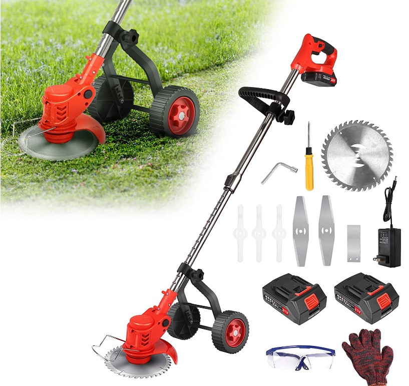 Electric Weed Eater Cordless Weed Wacker Battery Powered 2000mAh, Brush Cutter Grass Trimmer Edger, Stringless Weed Trimmer 3 in 1 Small Wheeled Push Lawn Mower Garden Lawn Tool, 2 Battery 1 Charger