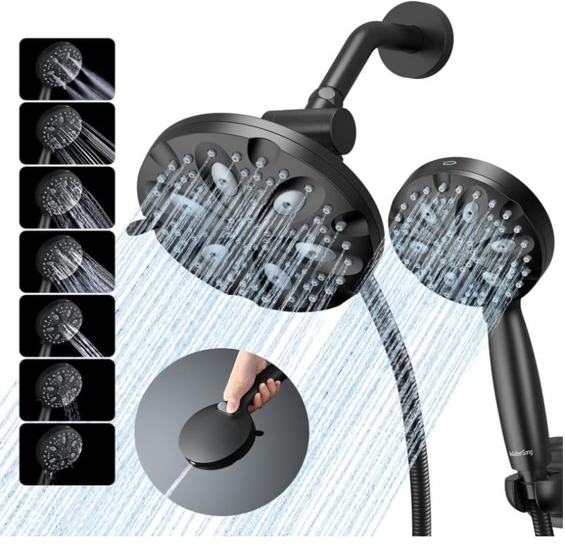 Shower Head Combo-WaterSong 14 settings 7'' Rain Showerhead+5'' Handheld Shower Spray with Build in Power Wash, 6.5ft Hose/Adjustable Mount for Bath Massage Spa, 3-Way Diverter, Matte Black