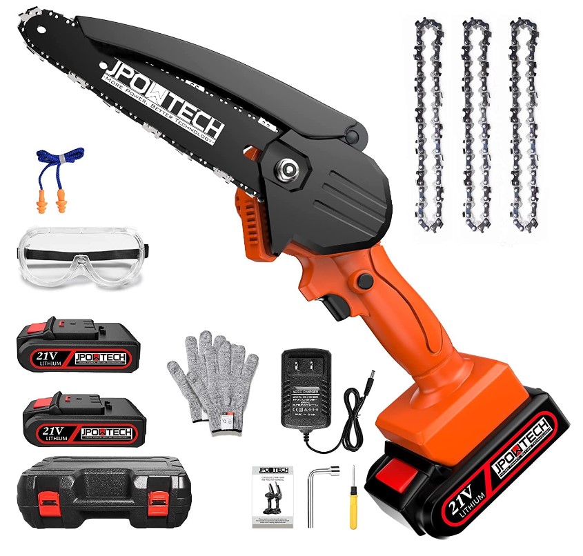 JPOWTECH Mini Chainsaw Cordless 6-Inch with 2 Batteries & Security Lock, Small Portable Handheld Electric Power Chain Saw for Gardening, Wood Cutting and Tree Trimming, Lightweight