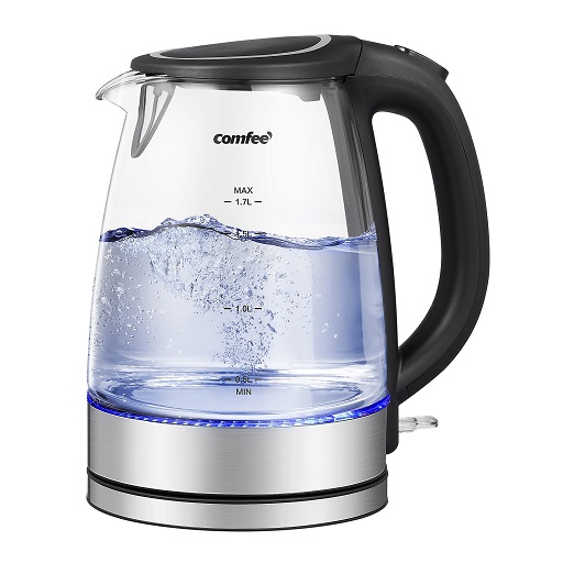 COMFEE' Glass Electric Tea Kettle & Hot Water Boiler, 1.7L, Cordless with LED Indicator, 1500W Fast Boil, Auto Shut-Off and Boil-Dry Protection glass and stainless steel,  Only $20.93
