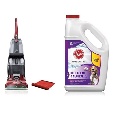 Hoover Power Scrub Deluxe Carpet Cleaner with Storage Mat, FH50150B and Hoover Paws & Claws Deep Cleaning Carpet Shampoo, Concentrated Machine Cleaner Solution for Pets, 128oz, AH30933, Only $96.86