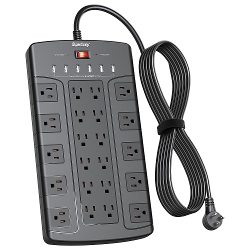 Surge Protector Power Strip with USB, SUPERDANNY Extension Cord with 22 Outlets & 6 USB, 1875W/15A, 1050J Surge Protection, 6.5Ft Flat Plug Power Cord, Only $25.99