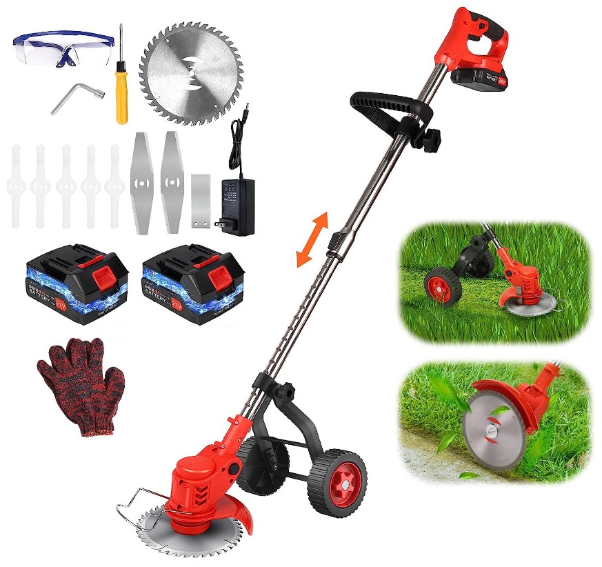 Electric Weed Eater Cordless Weed Wacker Battery Powered, 3-in-1 Brush Cutter Grass Trimmer Edger, 2000mAh Lightweight Push Lawn Mowers Garden Lawn Edger Tool with Upgraded Wheel, 2 Battery 1 Charger