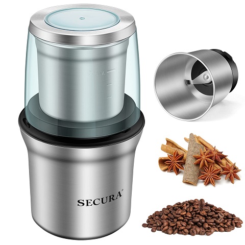 Secura Coffee Grinder Electric, 2.5oz/75g Large Capacity Spice Grinder Electric, Coffee Bean Grinder with 1 Stainless Steel Blades Removable Bowl Dry Grinding,  Now Only $24.39