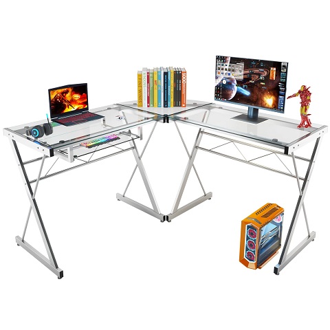 soges L-Shaped Desk with Tempered Glass Computer Desk with Mainframe and Keyboard Multifunctional Computer Table Home Office Corner Desk,Clear UT-844 Transparent, Now Only $90.77