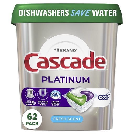 Cascade Platinum Dishwasher Pods, Dishwasher Detergent, Dishwasher Pod, Dishwasher Soap Pods, Actionpacs + Oxi with Dishwasher Cleaner and Deodorizer Action, Fresh, 62 Count  $13.97
