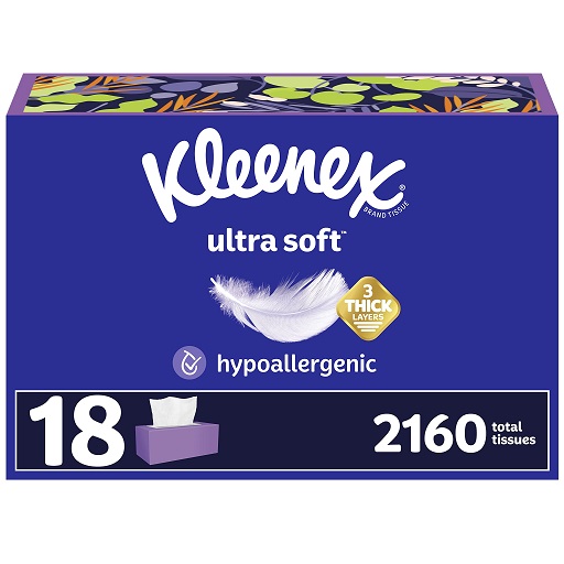 Kleenex Ultra Soft Facial Tissues, 18 Flat Boxes, 120 Tissues per Box, 3-Ply (2,160 Total Tissues), List Price is $37.99, Now Only $23.56