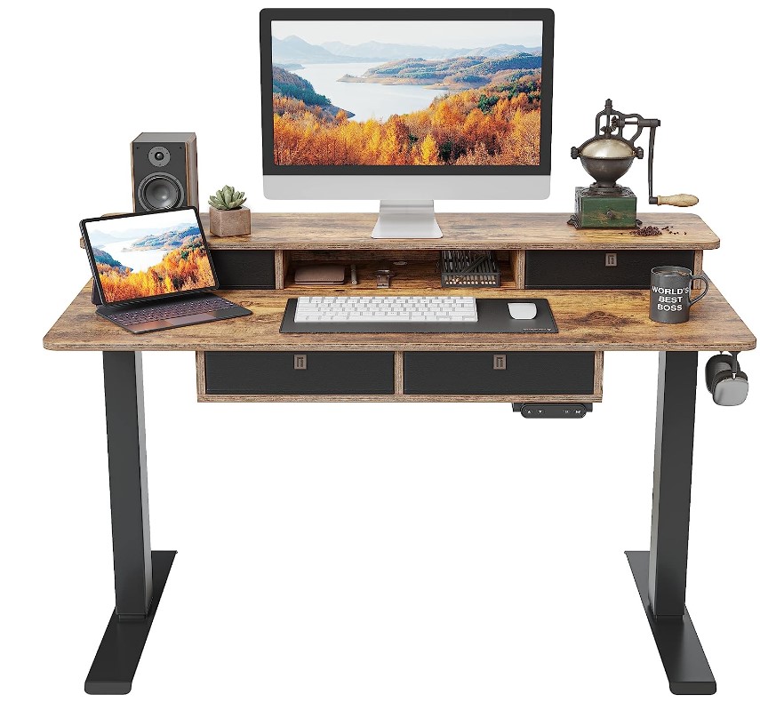 Prime Day deal! FEZIBO 電動站立式辦公桌, 48 x 24 英寸, 高度可調節，帶 4 個抽屜，帶儲物架，折上折后僅售$181.43