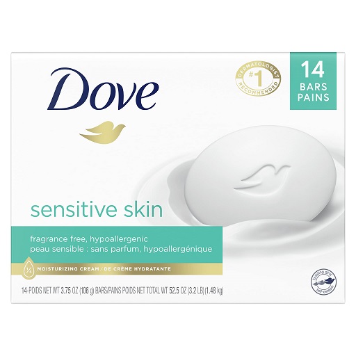 Dove Beauty Bar More Moisturizing Than Bar Soap for Softer Skin, Fragrance-Free, Hypoallergenic Beauty Bar Sensitive Skin With Gentle Cleanser 3.75 oz, 14 Bars, List Price is $21.47, Now Only $11.87