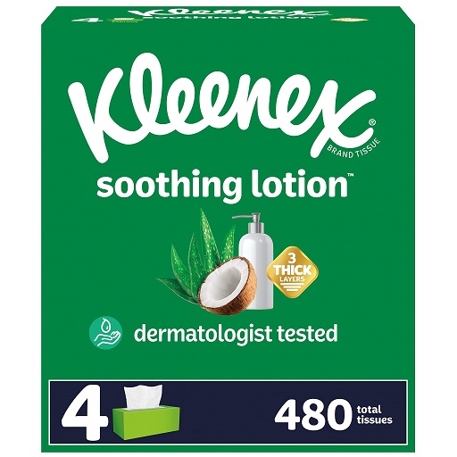 Kleenex Soothing Lotion Facial Tissues with Coconut Oil, 4 Flat Boxes, 120 Tissues per Box, 3-Ply (480 Total Tissues), Packaging May Vary White 120 Count (Pack of 4),  Now Only $6.98