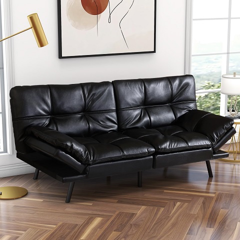 IULULU Futon Sofa Bed Faux Leather Couch, Modern Convertible Sleeper Daybed with Adjustable Armrests for Studio, Apartment, Office, Small Space, Compact Living Room, Black, Only $215.57