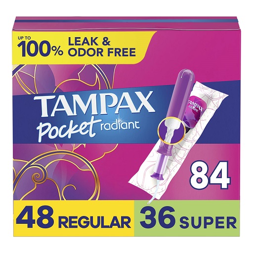 Tampax Pocket Radiant Compact Tampons Duo Pack, Regular/Super Absorbency with BPA-Free Plastic Applicator and LeakGuard Braid, Unscented, 28 Count x 3 Packs (84 count total) Only $15.55