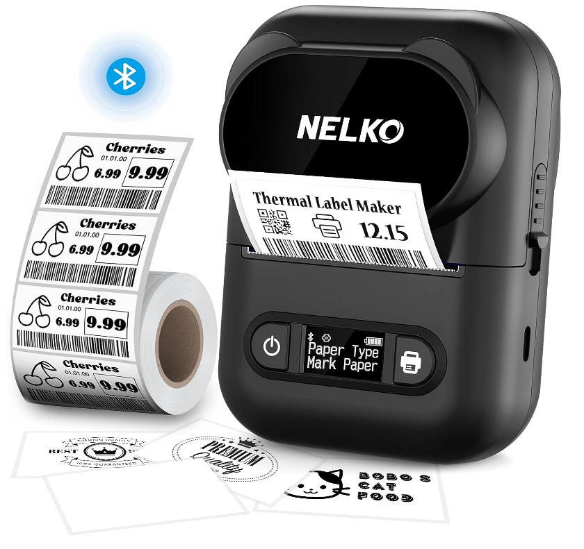 NELKO P110 Label Makers, Portable Bluetooth Thermal Label Printer, for Address, Home, Office, Organization, Compatible with Android & iOS System, with 1 Roll Label, Black