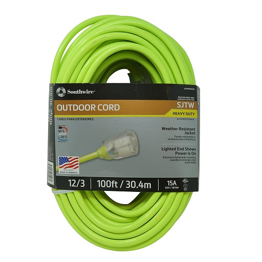 Southwire 02579-0X 100-Foot 12/3 Neon Outdoor Extension Cord; Bright Green 100 ft Green, List Price is $125.56, Now Only $54.47, You Save $71.09