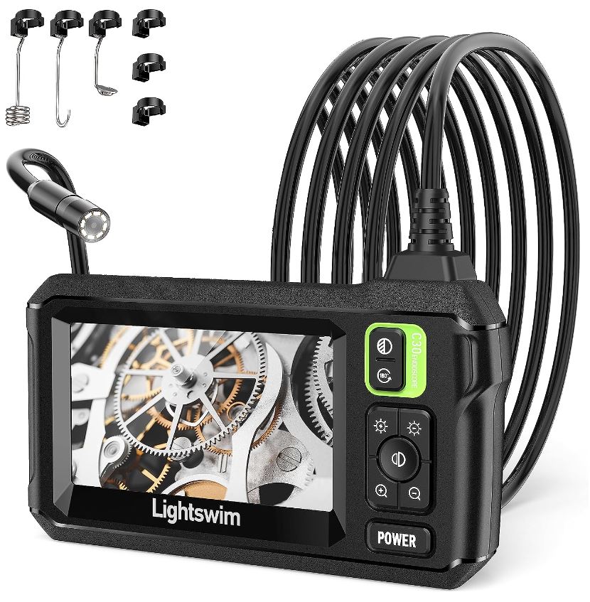 Lightswim 1920P HD Industrial Endoscope, Digital Borescope Waterproof 4.3 Inch LCD Screen Snake Inspection Camera with 8 LED Lights, 16.5FT Semi-Rigid Cable