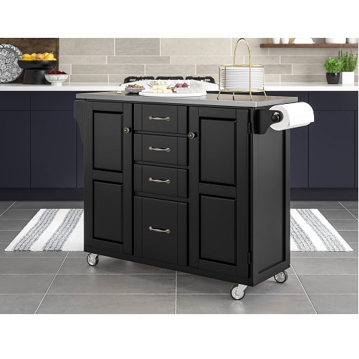 Home Styles Large Mobile Create-a-Cart Black Finish Two Door Cabinet Kitchen Cart with Stainless Steel Top, Adjustable Shelving, Four Large Utility Drawers Black Stainless Top, Only $229.99