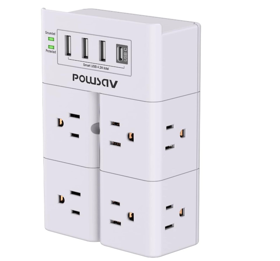 Surge Protector USB Outlet Extender - POWSAV 8-Outlet Splitter and 4 USB Ports(1USB C Port), Wall Mount Multi Plug Outlet for Home, Office, Dorm Essentials, Hotel, White, ETL Listed