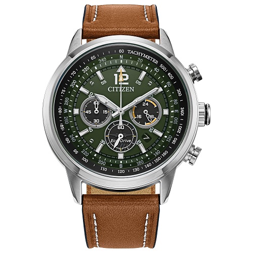 Citizen CA4477-08X  Men's Sport Casual Avion Eco-Drive Chronograph Watch, Dual Time Zones, 12/24 Hour Time, Spherical Mineral Crystal, Field Watch Brown Leather Strap/ Green Dial, Only $252.99