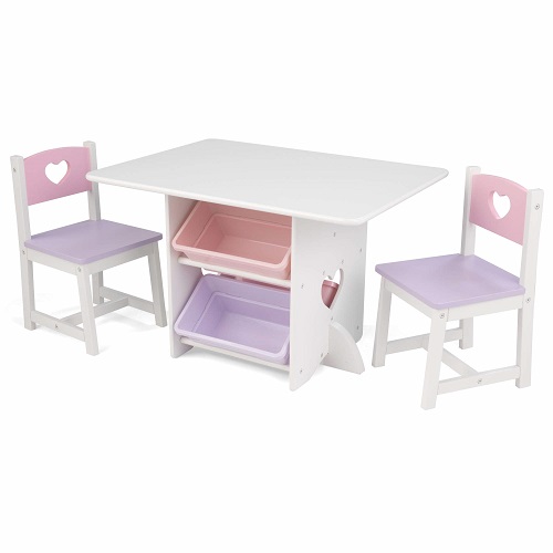 KidKraft Wooden Heart Table & Chair Set with 4 Storage Bins, Children's Furniture – Pink, Purple & White, Gift for Ages 3-8 Country, List Price is $164.99, Now Only $48, You Save $116.99