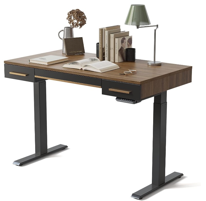 FEZIBO Mid-Century Modern Electric Standing Desk with 3 Drawers, 48 x 26 Inches Whole-Piece Sit Stand Up Home Office Desks, Vintage Top/Black Frame (2 Packages)