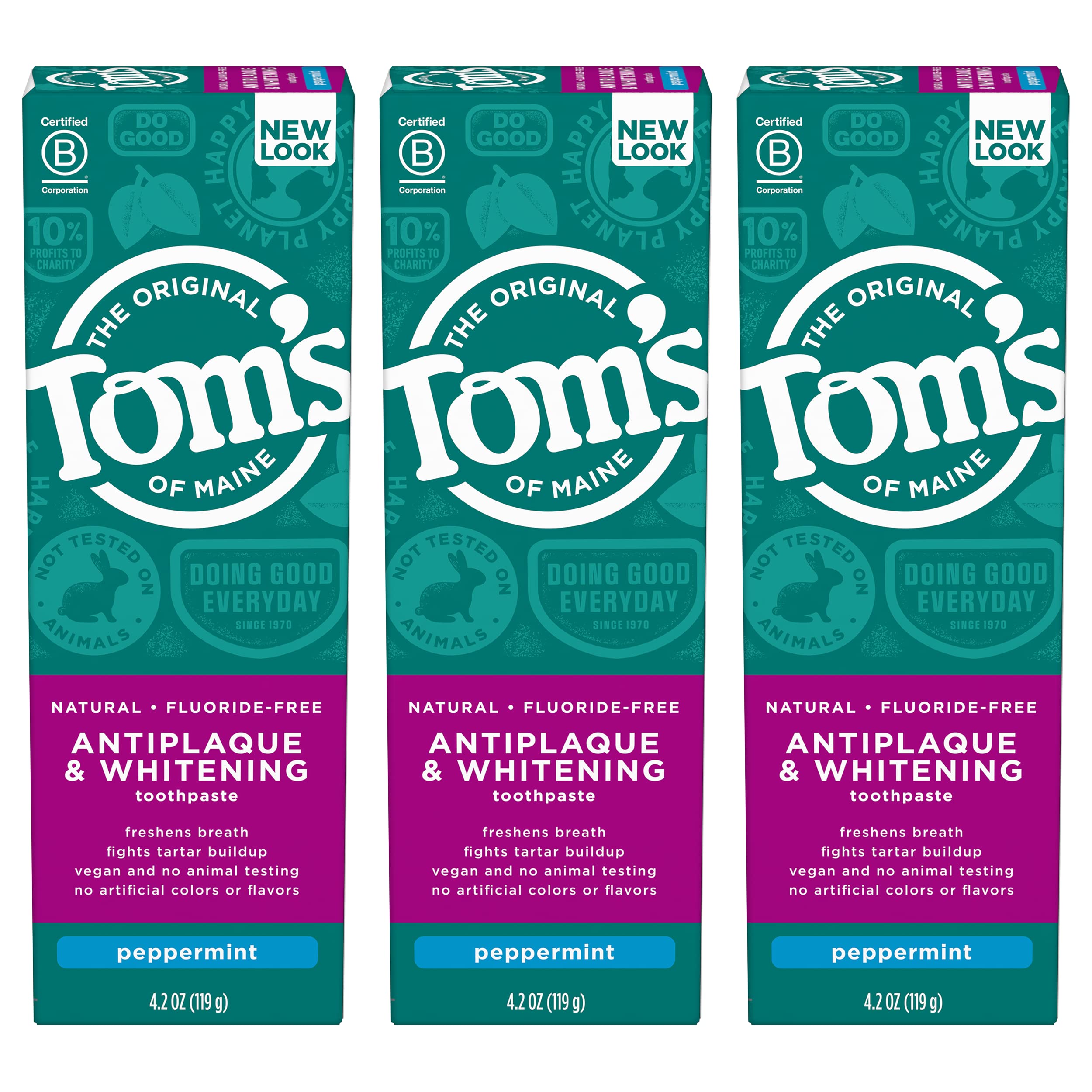 史低价！Tom's of Maine 防牙菌斑无氟美白牙膏，4.2 oz/支，共3支，原价$19.50，现仅售$10.15，免运费！部分用户40%额外折扣！
