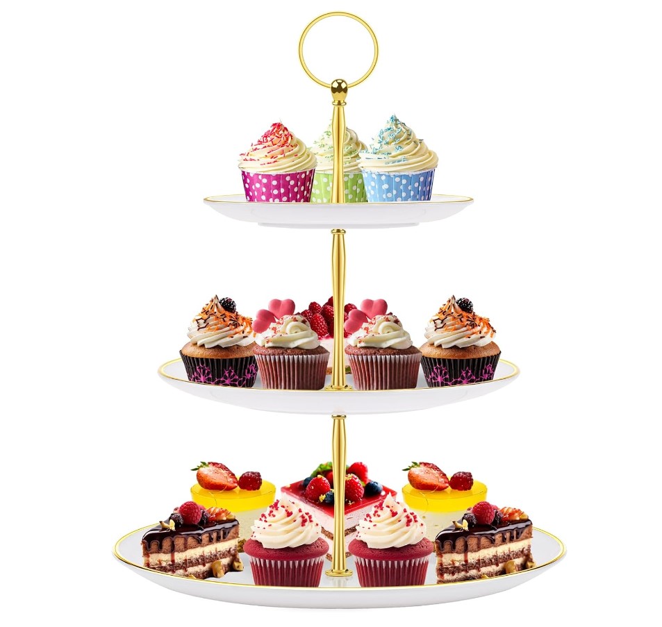 PinCute Cupcake Stand Holder - 3 Tier Cup Cake Dessert Tower, Plastic Tiered Serving Tray&Metal Rod for Birthday Party, Baby Shower and More (White)